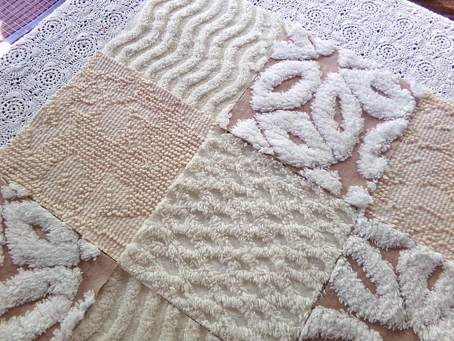 Creamy Neutrals Texturized Trendy Fabric Squares Set, Rotary Cut from Vintage Chenille Bedspread Fabric, 16 Blocks, 6" x 6" inch each