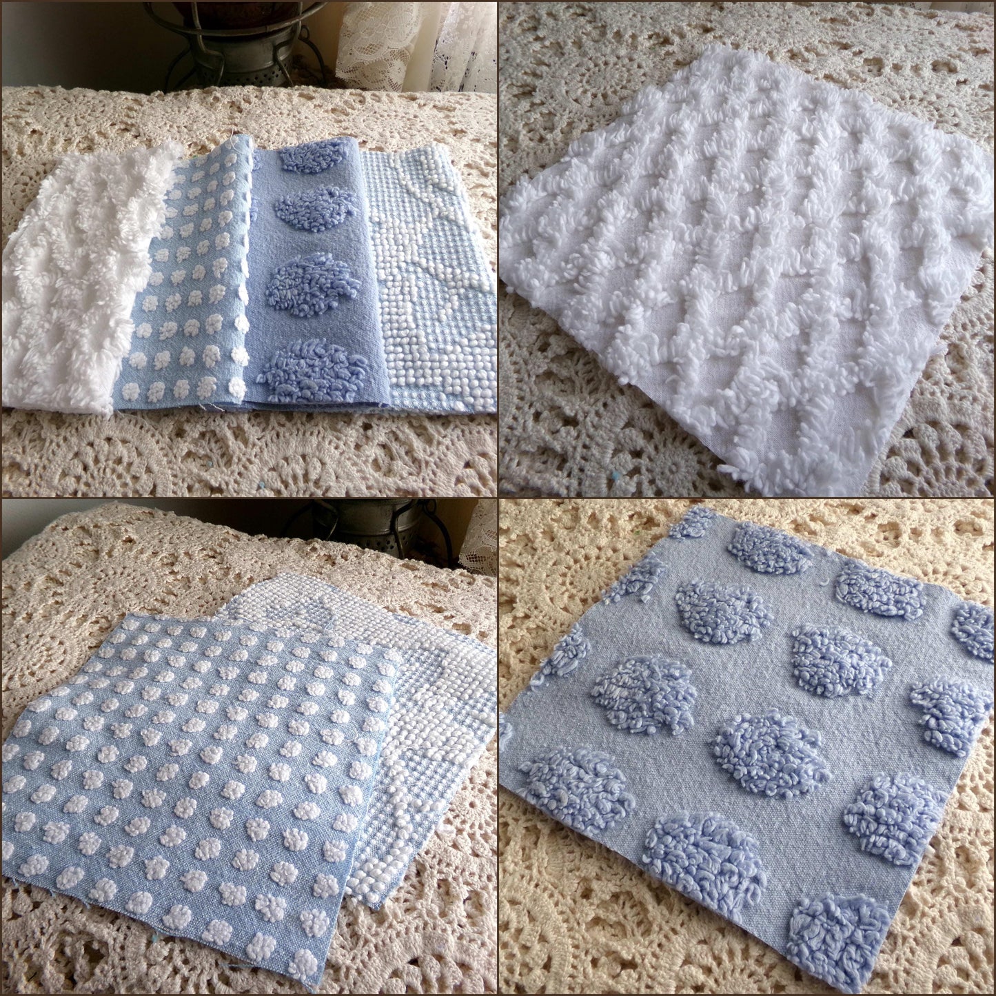 blue chenille fabric squares, set of 16 vintage 6" quilt blocks in coastal blues & white textures