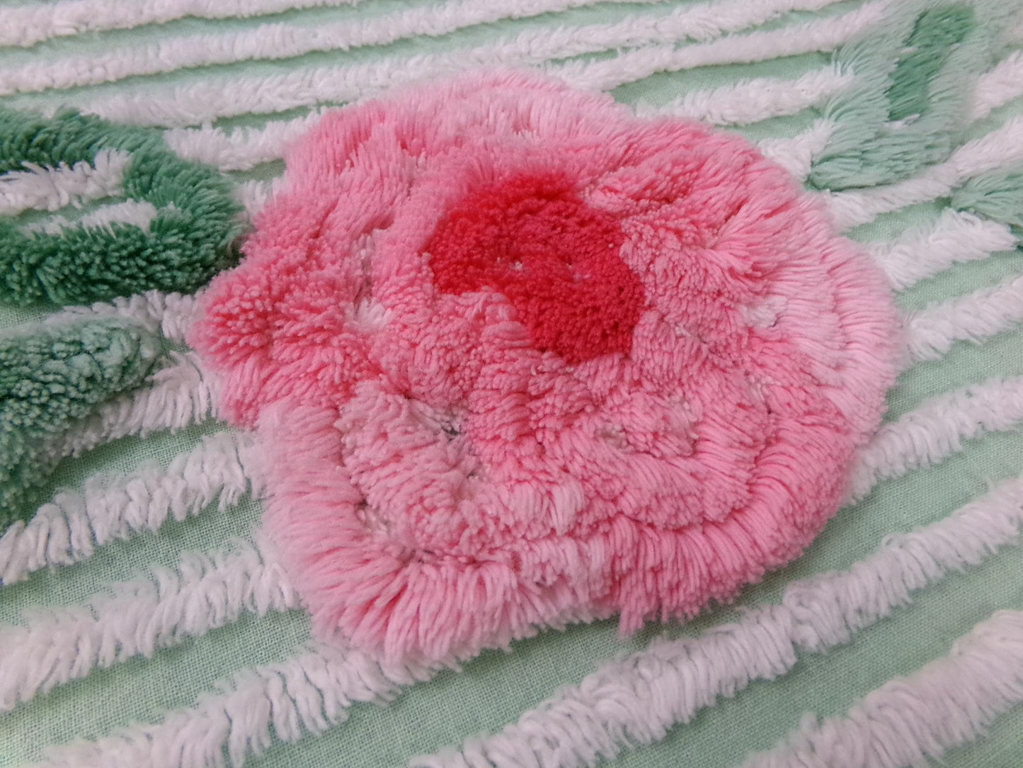 Mint Green Floral Vintage Chenille Bedspread Fabric Piece 18x33"