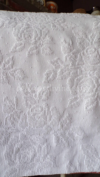 Heavenly White Vintage Chenille Fabric, Cabbage Roses & Dainty Dots, 20" x 30" inch Piece of Sewing Material, Elegant in Quilts, Pillows