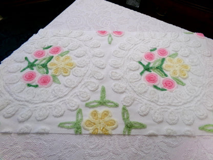 Dreamy White Floral Vintage Chenille Bedspread Fabric Sewing & Quilt Material 18" x 35"