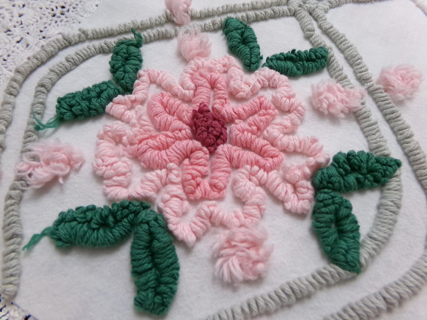 Dove Grey Pink Rose Vintage Chenille Bedspread Fabric Quilt Sewing Material 15" x 24"