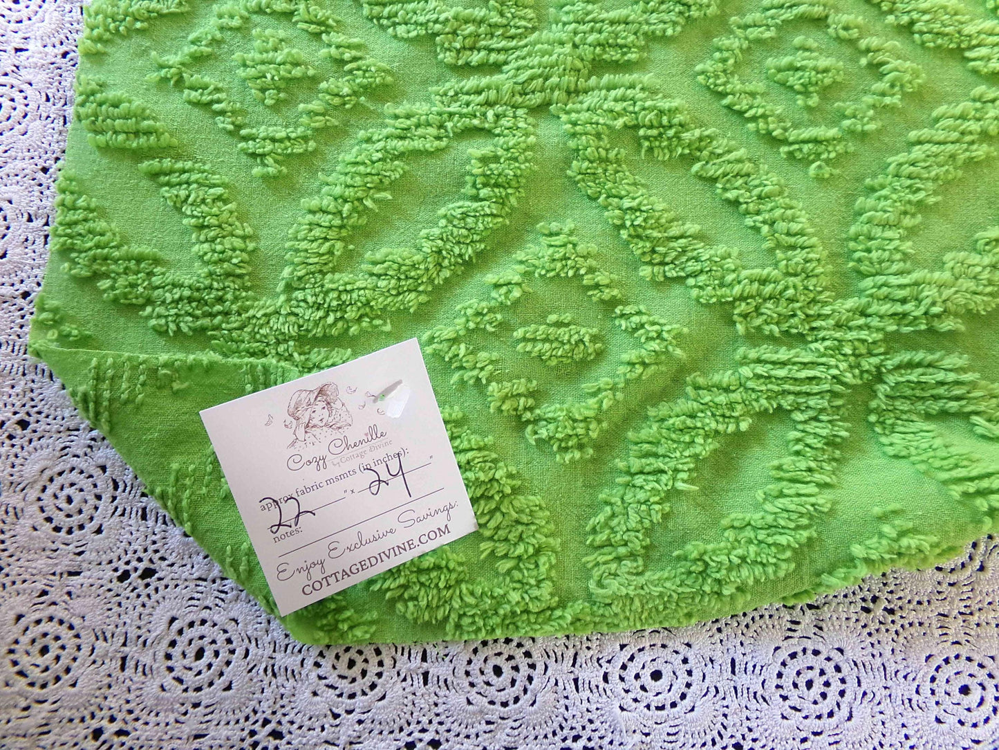 Vintage Neon Green Chenille Fabric Piece Lightweight Lime Cotton 22x24"
