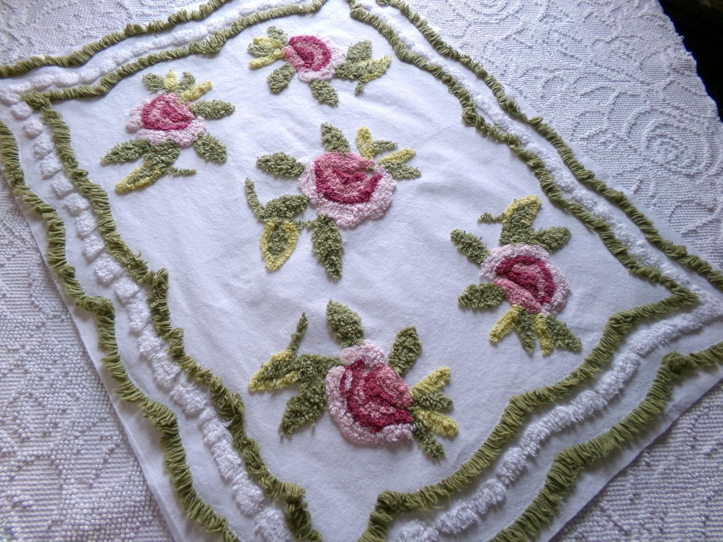 vintage rose chenille fabric, 19" x 25" inch piece of cotton sewing material, great for pillows & crafts