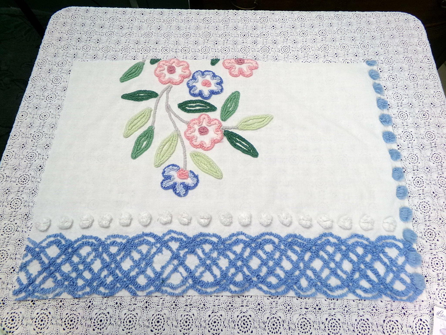 shabby chic vintage chenille bedspread fabric 17.5x24" blue white floral