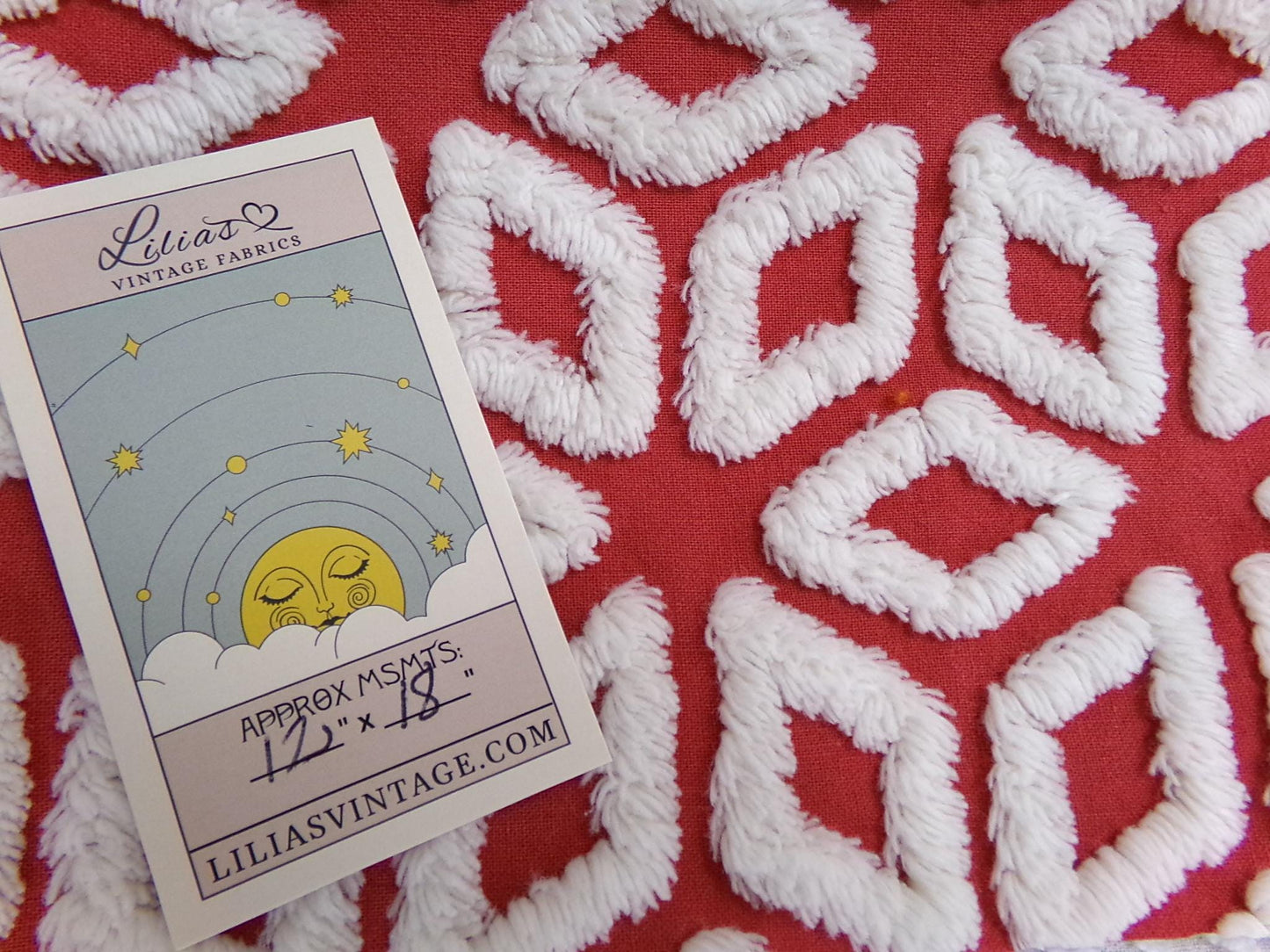 White Snowflakes Red Vintage Chenille Fabric 12x18" Piece Quilt Material