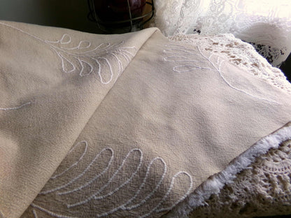 falling leaves vintage chenille fabric, 24" x 21" inch piece, simple shabby needletuft large leaf design on mocha cotton
