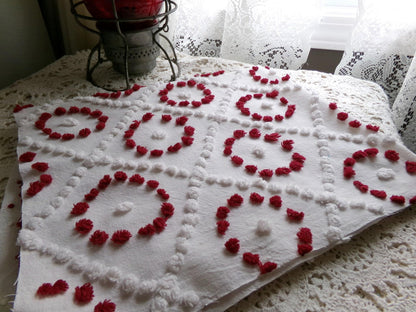 ruby red & white vintage chenille fabric, antique handtufted 20"x 25" piece quilt material