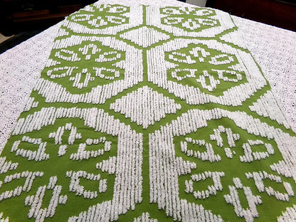 Boho Vintage Chenille Bedspread Fabric, 70s Green White Daisy 19x26" Lightweight Pc