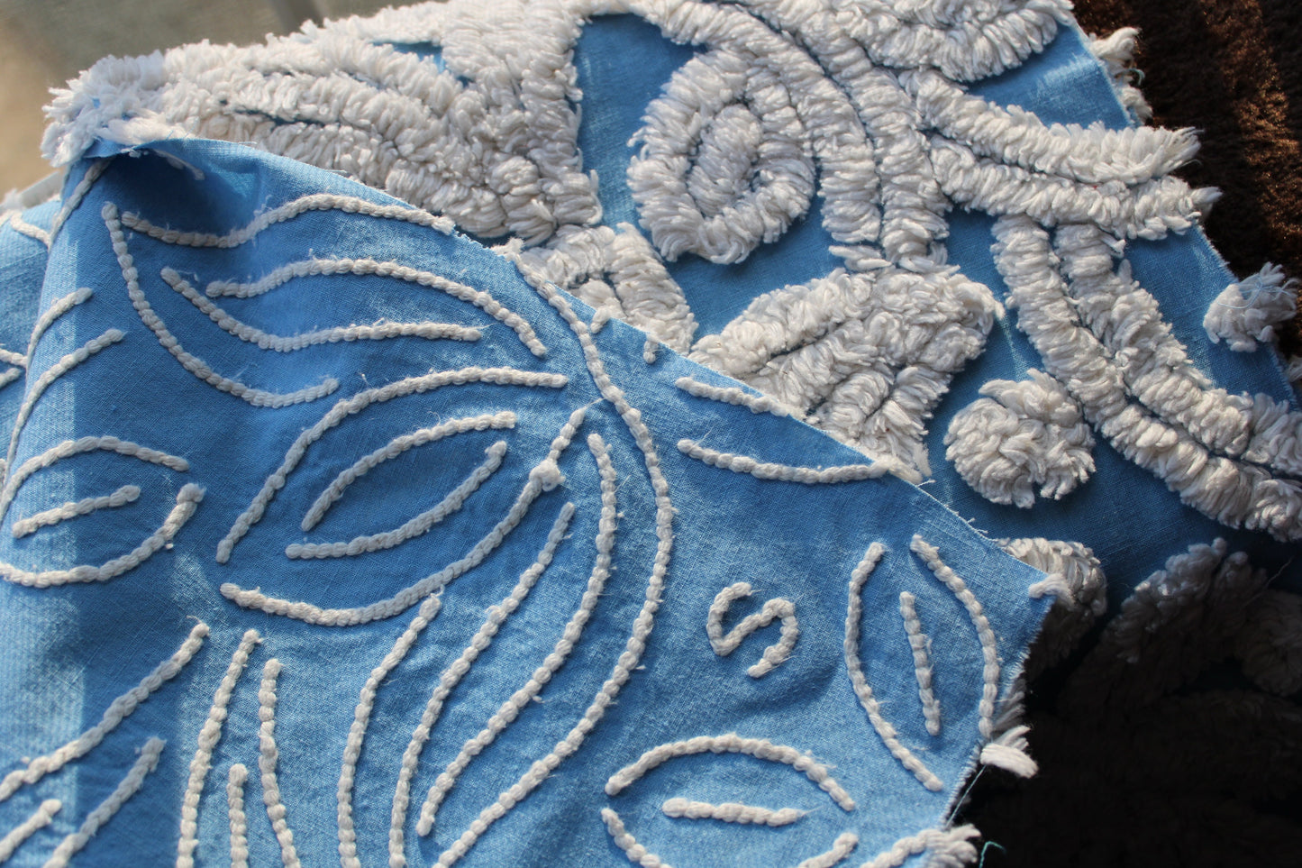 Plush Tufted Tulips Vintage Chenille Fabric, Sky Blue & White, 20" x 31" Inch Piece, Beautiful in Quilts, Pillows