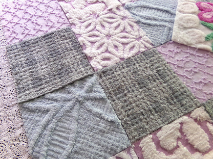 Sweet Dreams Vintage Chenille Fabric Squares, in Grey, Lilac, White & Blue, Set of 17 Blocks, 6" Each for Quilts, Crafts