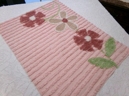 Vintage Chenille Bedspread Fabric, Pink Tufted Climbing Florals, 20" x 26" piece