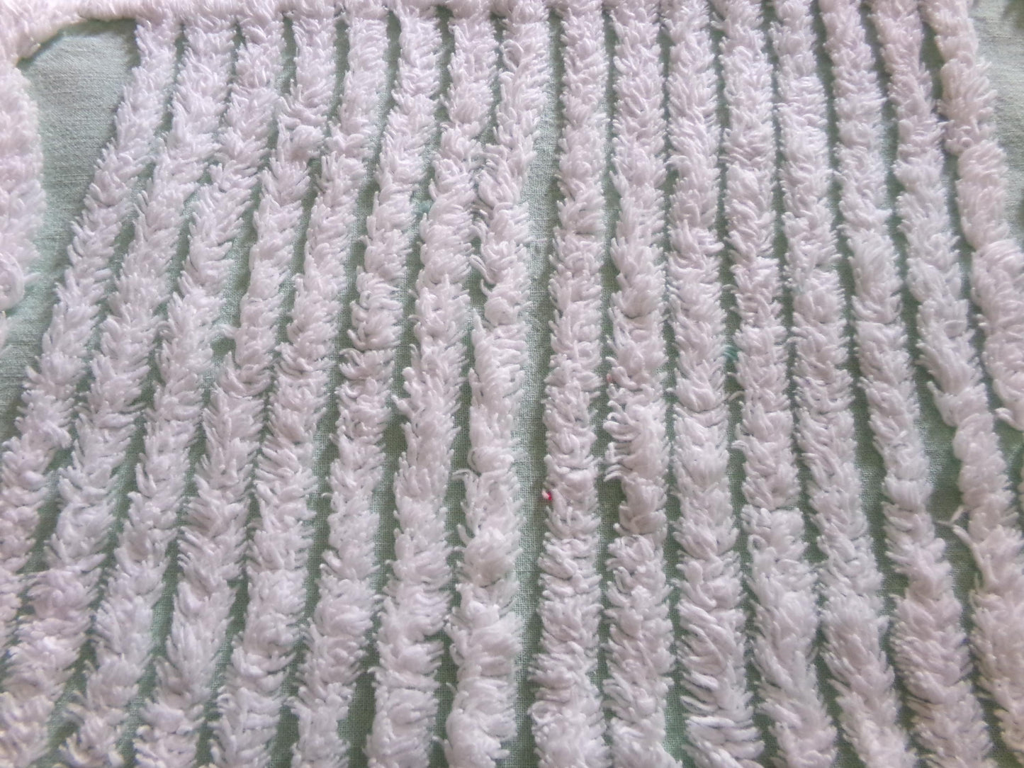 Fabric Piece from Vintage Chenille Bedspread in Mint Green & White Geometric Stripe, 12" x 22" inches