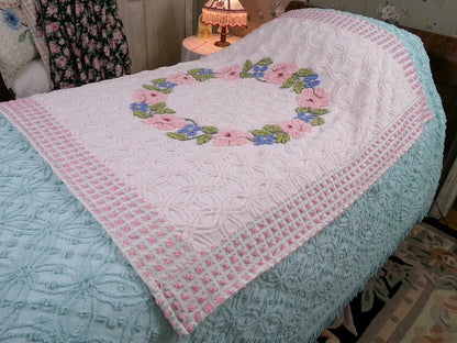 Vintage Floral Quilt Handmade from Shabby Chenille Bedspread Fabrics 52x45.5"