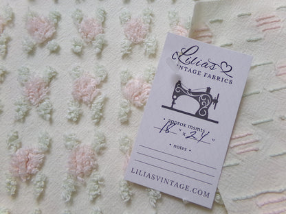 Creamy Vanilla Pink Rosebud Vintage Chenille Bedspread Fabric, 18 x 24"