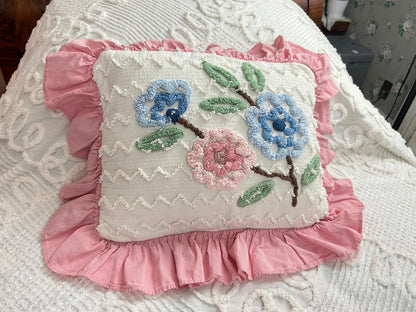 Cottage Ruffled Vintage Chenille Pillow Cover Reversible Floral Rectangle Shape