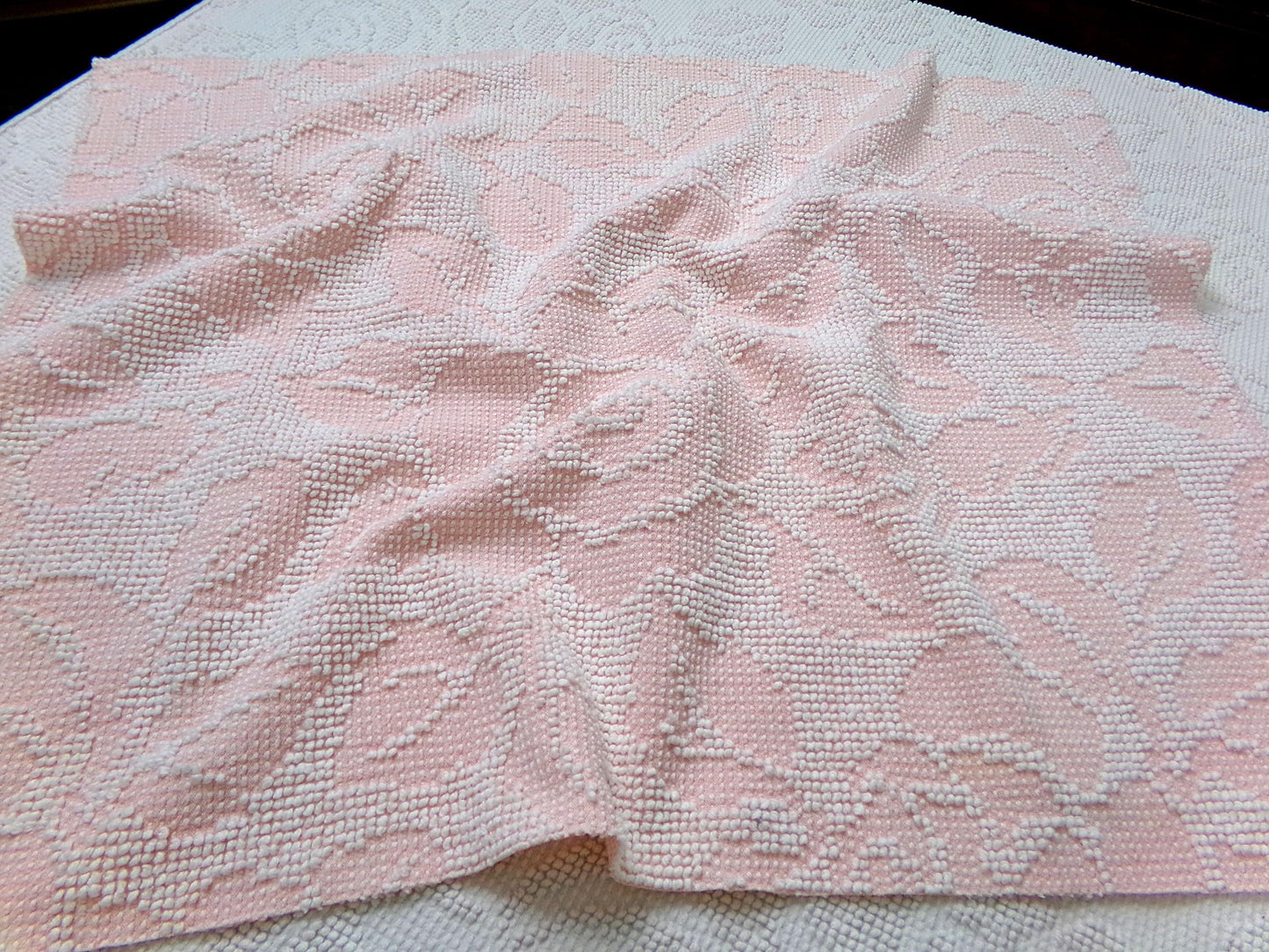 Pink Rose Vintage Hobnail Chenille Fabric Piece Cabbage Rose Reversible Shadow Design 18x24"