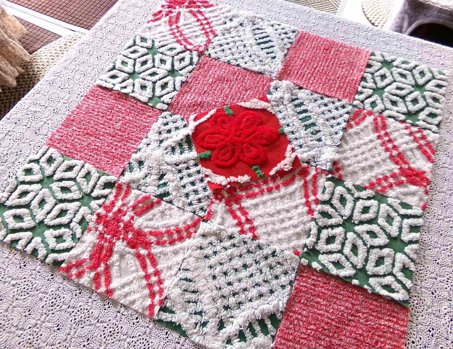 Vintage ChristmasChenille Fabric Squares, Set of 17 Festive Red, White & Green 6" Cotton Quilt Blocks