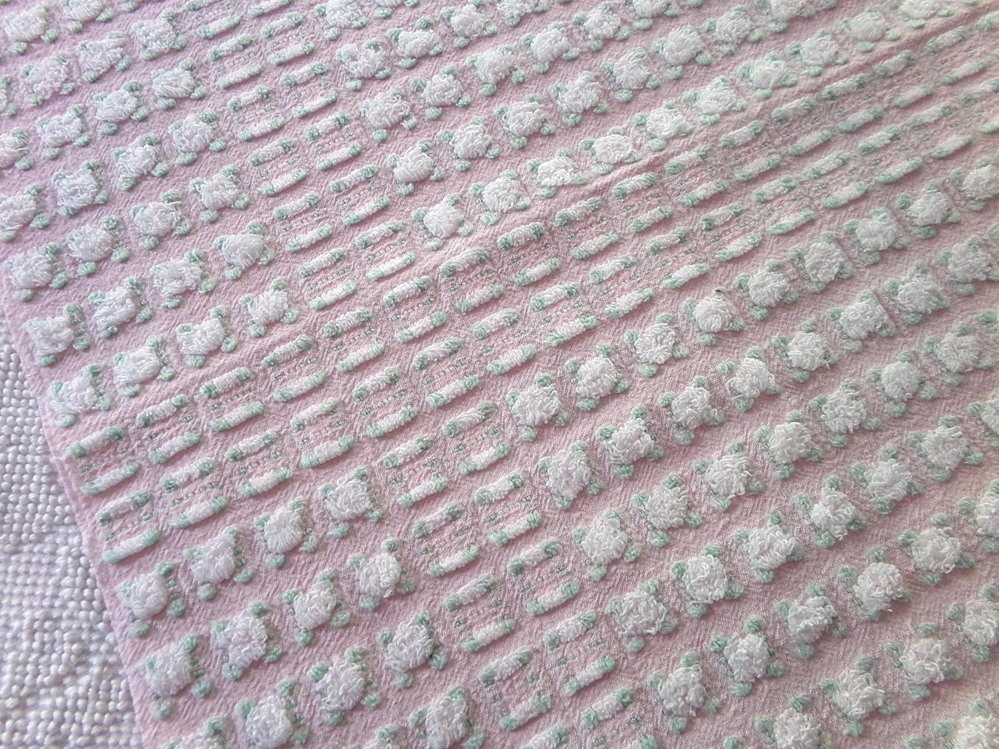 phantom white rosebud chenille fabric, 18" x 24" inch piece of dusty pink vintage Morgan Jones rosebuds quilt material for sewing & crafts