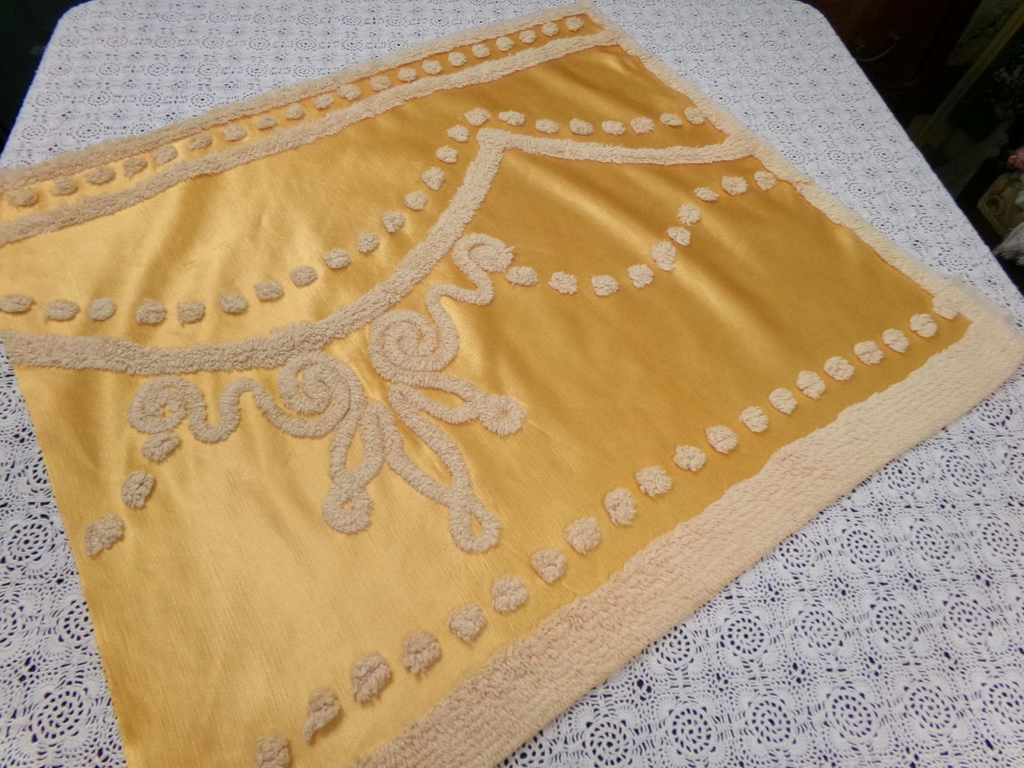 Vintage Gold Satin Chenille Tufted Fabric Swag Scroll Elegant Sewing Material 23x25"