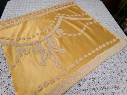 Vintage Gold Satin Chenille Tufted Fabric Swag Scroll Elegant Sewing Material 23x25"