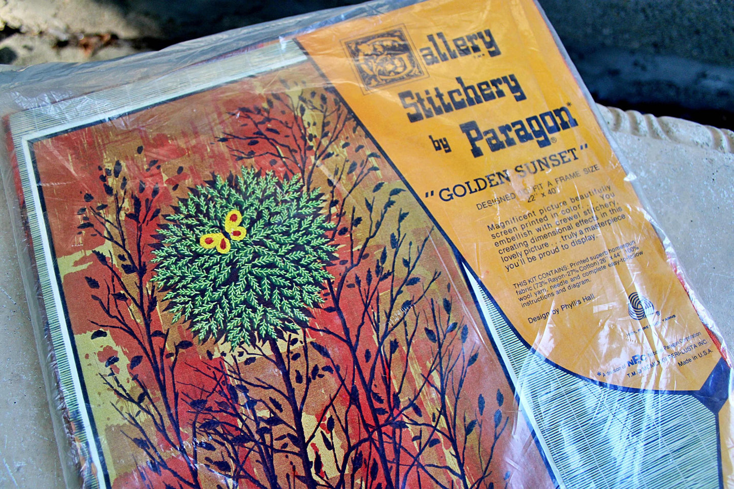 GOLDEN SUNSET Vintage Crewel Kit, *NO Thread* Paragon Embroidery #0611, Huge Boho 70s Wall Hanging, Phyllis Hall