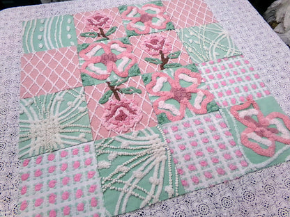fresh cut roses vintage chenille fabric squares, set of 16 pink green quilt blocks 6" ea