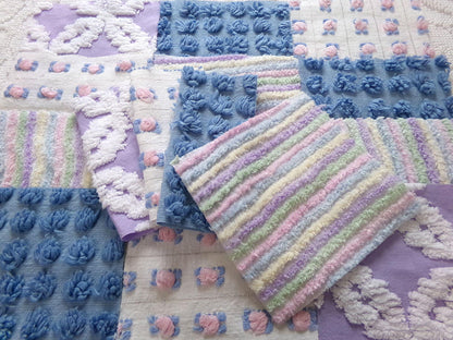 moonlit rainbow chenille fabric squares, set of 16 vintage quilt blocks 6" inches ea, dreamy serene blue, pink rosebuds, soft lilac