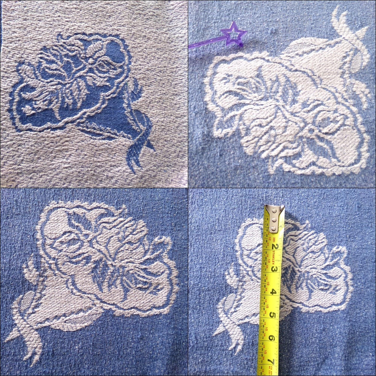 Vintage Woven Reversible Fabric Cabbage Rose Floral Blue White Cottage Chic 22x30
