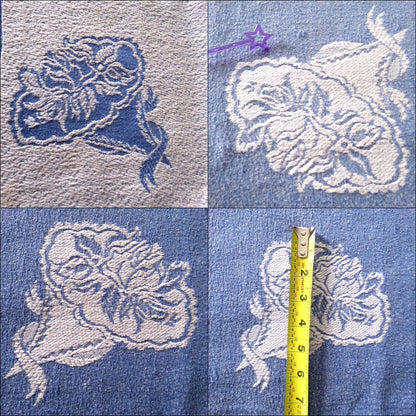 Vintage Woven Reversible Fabric Cabbage Rose Floral Blue White Cottage Chic 22x30