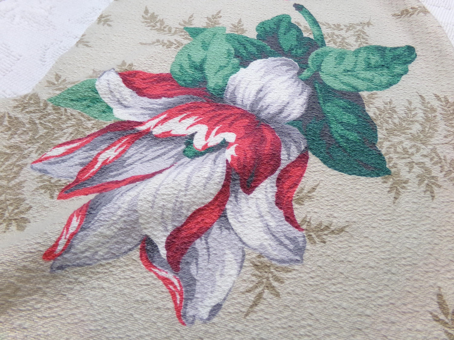 Vintage Barkcloth Fabric 16x27" Floral Magnolia Bloom Red White Green Tan