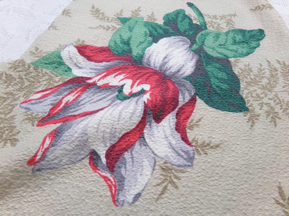Vintage Barkcloth Fabric 16x27" Floral Magnolia Bloom Red White Green Tan