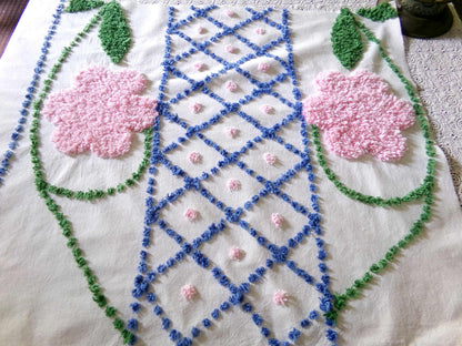 Jumbo Pink Flowers Vintage Chenille Material, 33" x 22" inch Fabric Piece, Blue Diamonds Tufts with Victorian Fringe Edge, Exquisite Design