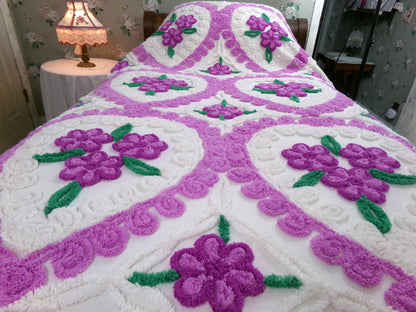 Vintage Chenille Bedspread Violets in Snow Heart Scrollwork White Cottage Bedding, FULL