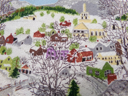 Grandma Moses DEEP SNOW Vintage Barkcloth Fabric, Midcentury Folk Art Winter Scene, 13" x 21"
