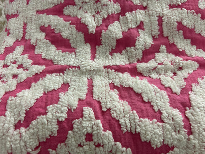 Rose Pink Vintage Chenille Bedspread White Geometric Wedding Rings, FULL Size NOS