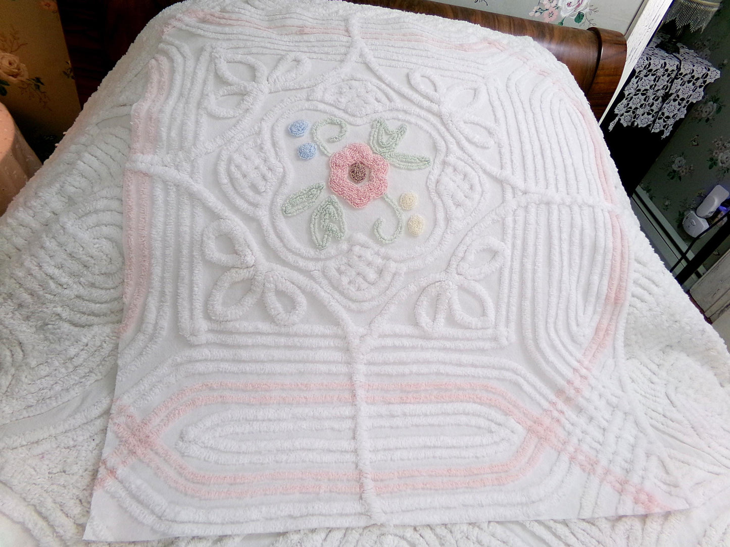 cottage style vintage chenille fabric, dimensional floral design 24" x 21" inch piece craft & sewing material
