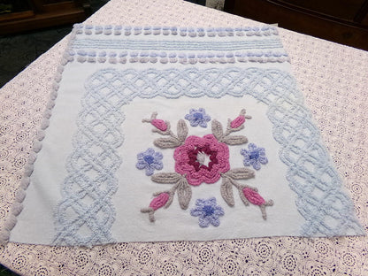 Shabby Blue Floral Vintage Chenille Bedspread Fabric, 23x23" Piece