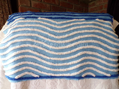 Gentle Waves Vintage Chenille Quilt Fabric, 26" x 16.5" Piece, 100% Cotton White Tufting on Blue