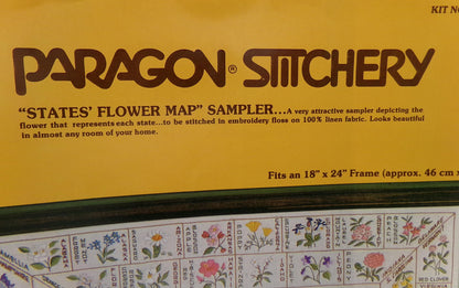 STATES' FLOWER MAP Sampler Vintage Paragon Crewel Embroidery Kit 0449 50 United States Floral Stitchery