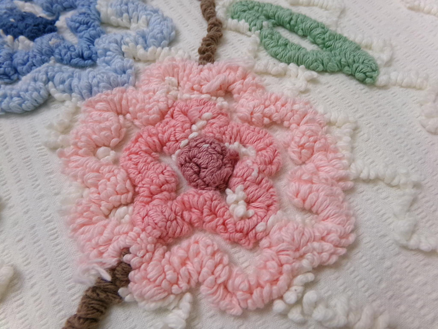 Vintage Chenille Fabric, Tufted Floral Bouquet on Cotton Seersucker, 19x26"