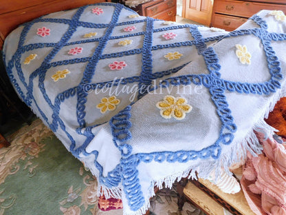 Rare Vintage Chenille Bedspread by IDEAL SPREAD Company, Canada Made Blue Wedding Cake Floral Design, Full Size