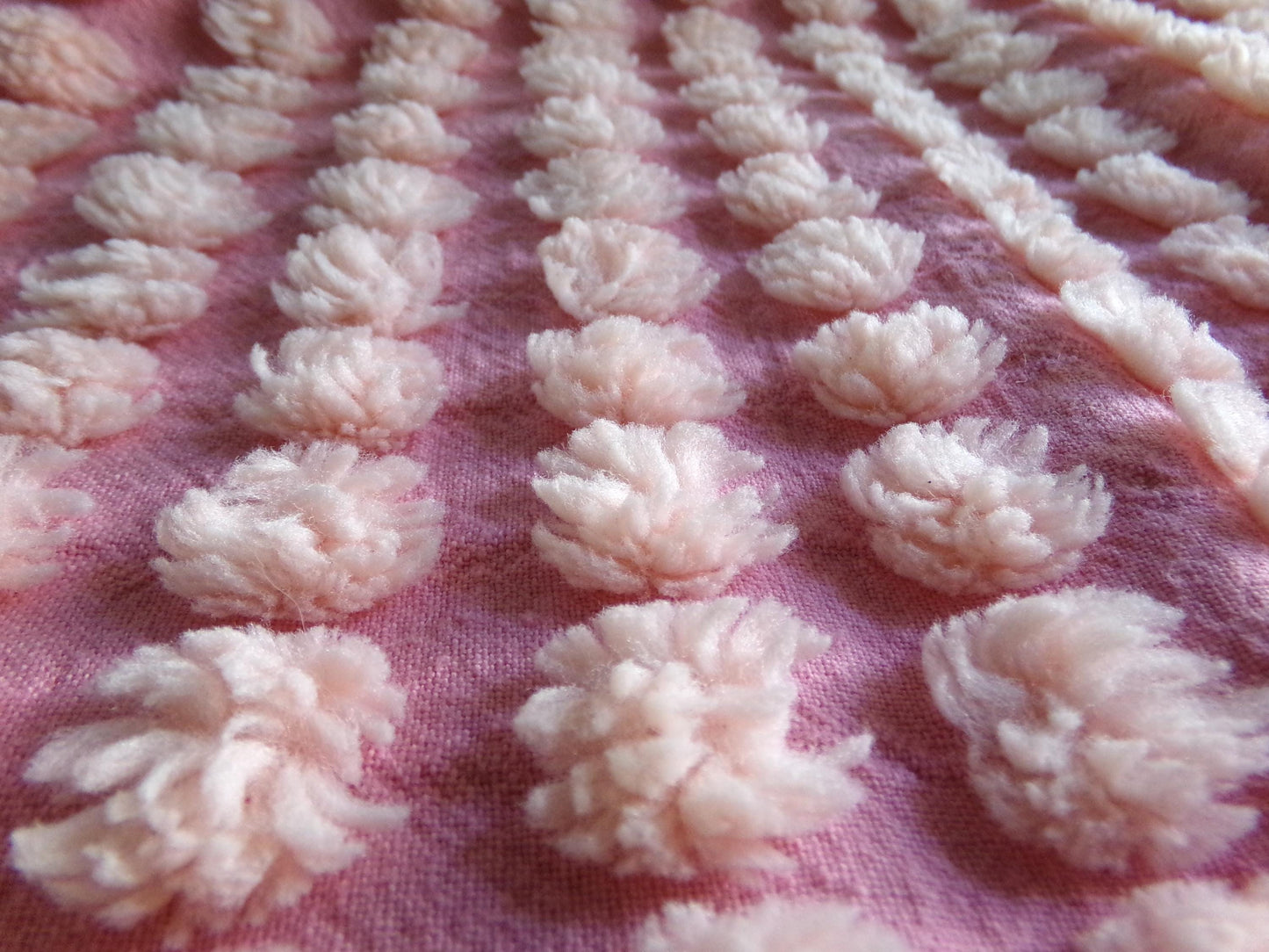 fluffy puff pops chenille fabric, sweet oversize bobbles on pink rose, 20" x 24" inch piece great for chenille quilts & sewing projects