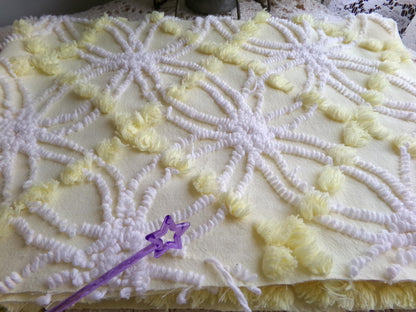 springtime yellow & white chenille fabric, vintage 27" x 21" inch piece of quilt material with fluffy pops, needletuft spider rings