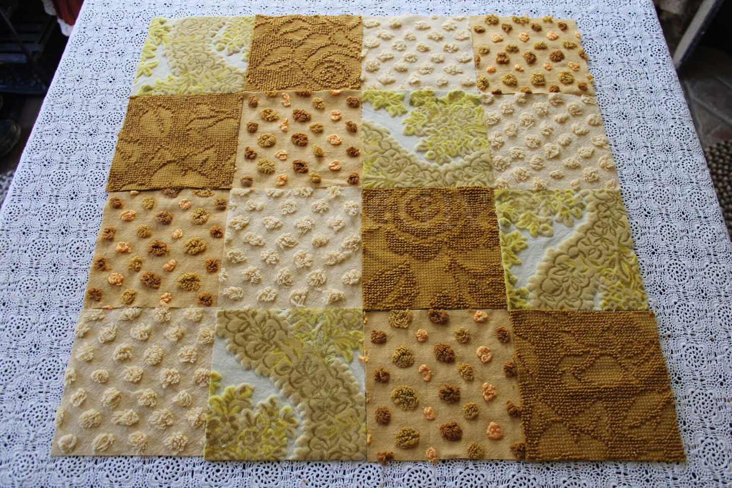 Chenille & Velvet Quilt Squares Set, "Hippie Mama", from Vintage Bedspread Fabric, 16 Blocks, 6" x 6" inches each, Earthtones