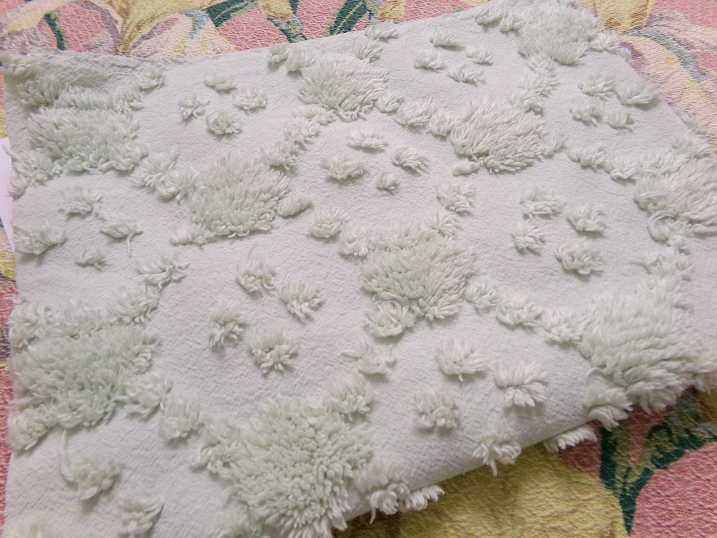 fluffy green vintage style chenille fabric, versatile sewing & quilt material, 19" x 24" piece