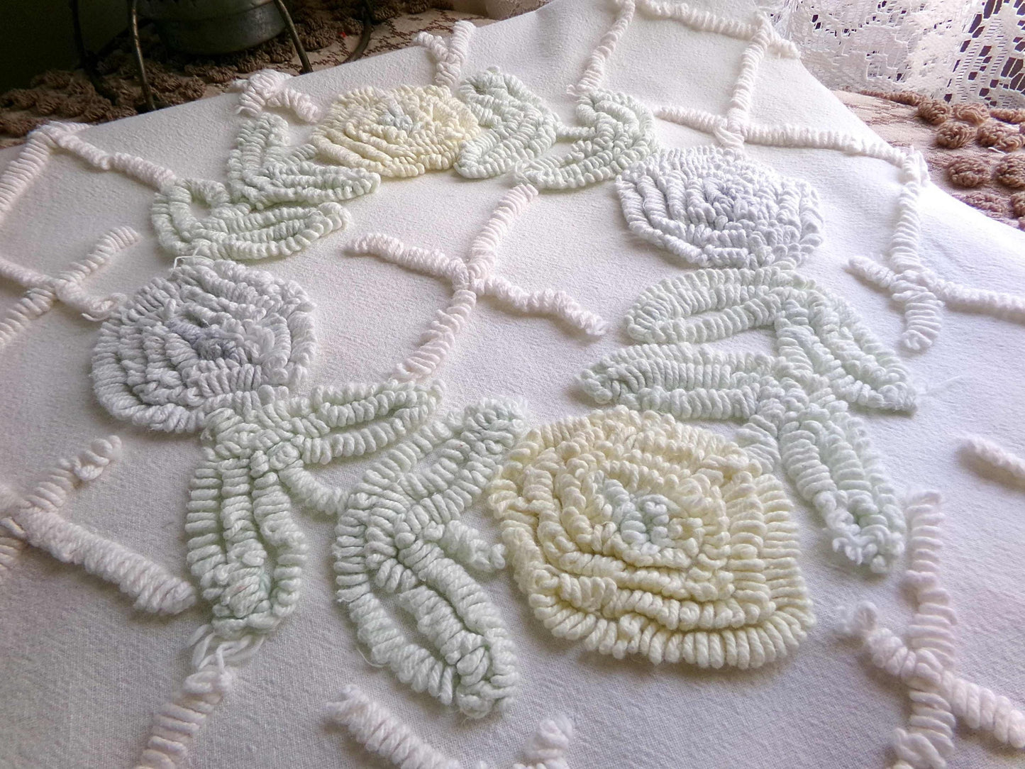 Vintage Chenille Fabric Pastel Spring Floral Wreaths on Antique Cream Cotton, 20" x 24" piece