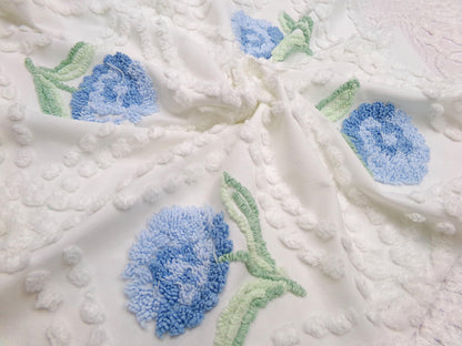 Plush Blue Mum Vintage Chenille Fabric, Tufted Floral on White Cotton 23" x 23" Piece of Sewing Material