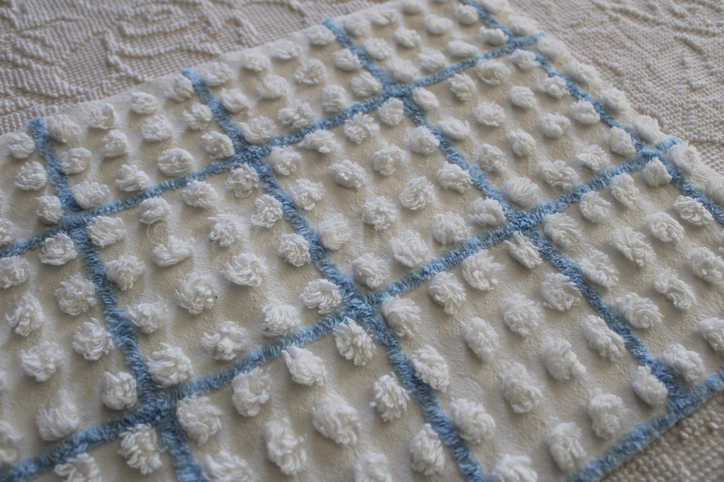 coastal blue & white vintage chenille fabric, puffy textured pops, 12" x 18" cut piece
