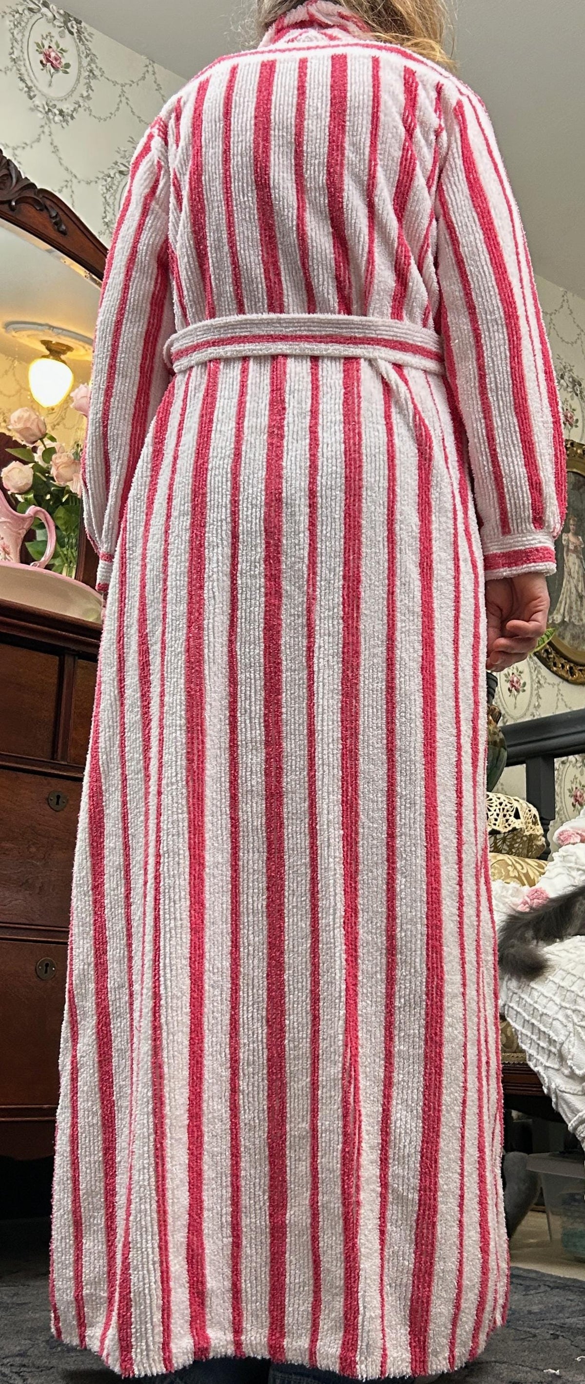 Vintage Chenille Robe Red & White Candy Stripe, Full Length Women’s Small Bathrobe